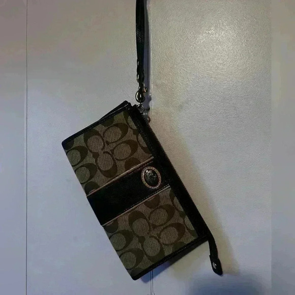 Coach Signature Zippy Wristlet Large Canvas Wallet Clutch Brown/Beige Lizard - Picture 7 of 9